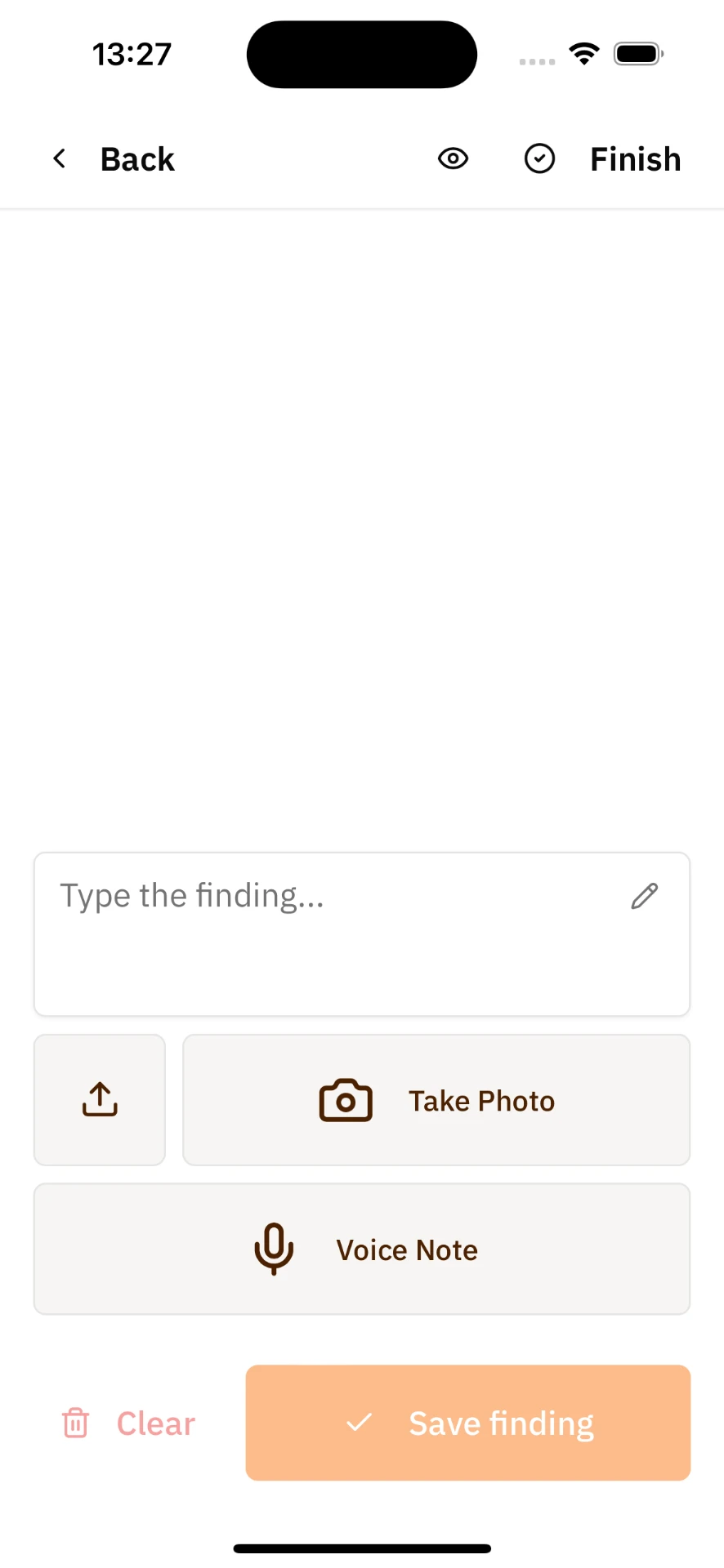 Finding capture screen with type, take photo and voice note options
