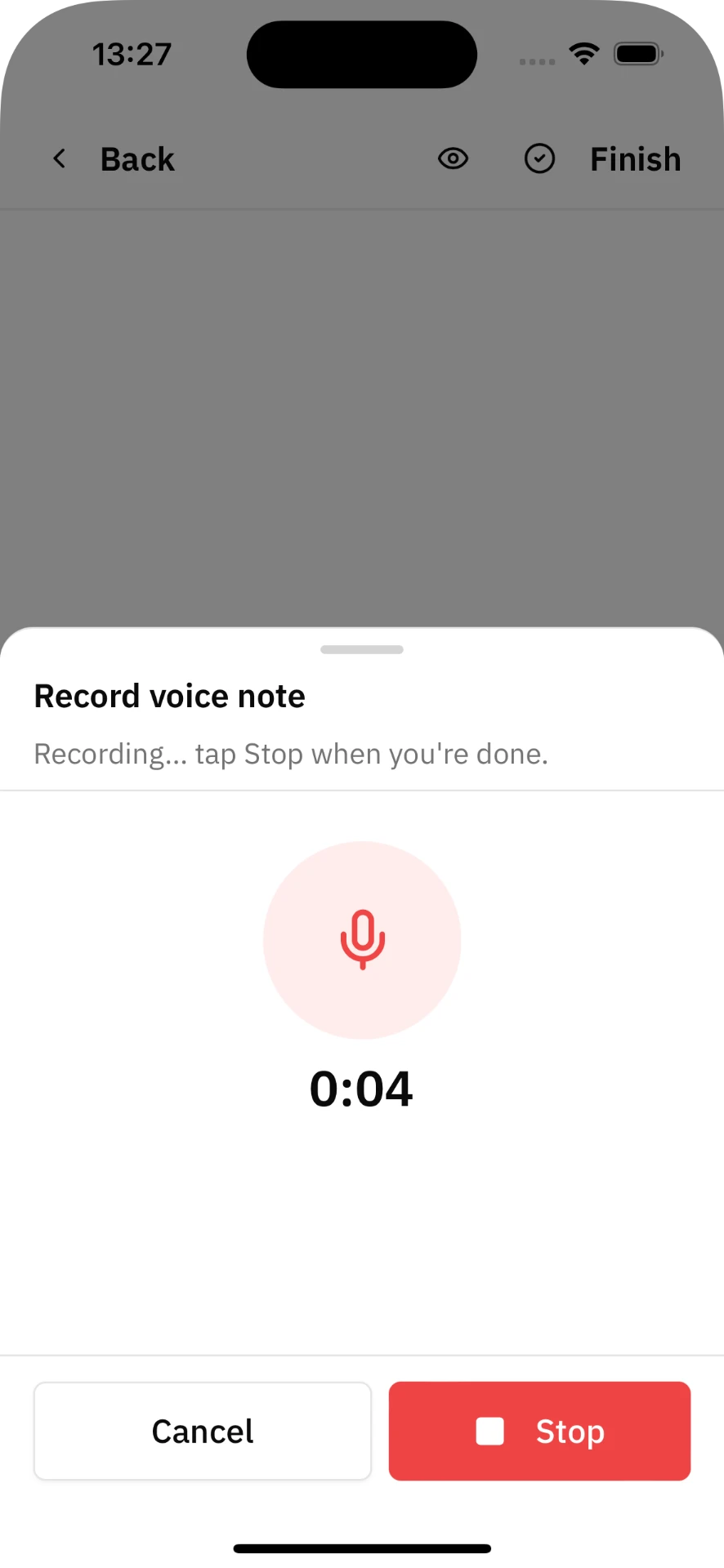 Voice note recording sheet with timer and stop button